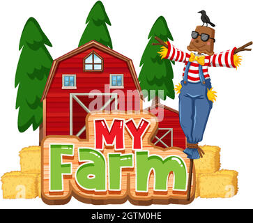 Font design for word my farm with scarecrow and barns Stock Vector