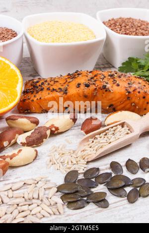 Healthy nutritious eating for thyroid gland. Ingredients containing natural vitamins and minerals Stock Photo
