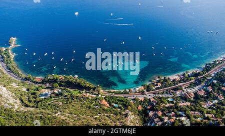 Aerial view of Eze Village, a famous stone village built on a rocky overlook high above the Mediterranean Sea in the South of France Stock Photo