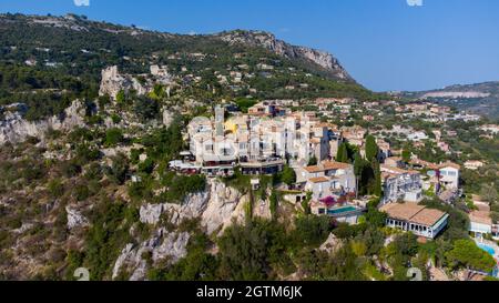 Aerial view of Eze Village, a famous stone village built on a rocky overlook high above the Mediterranean Sea in the South of France Stock Photo