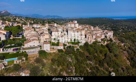 Aerial view of the medieval village of Tourrettes sur Loup on the French Riviera, France - Old stone houses nestled on a belvedere in Provence Stock Photo