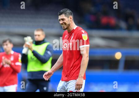 NOTTINGHAM, UK. OCT 2ND Scott McKenna of Nottingham Forest celebrates victory during the Sky Bet Championship match between Birmingham City and Nottingham Forest at St Andrews, Birmingham on Saturday 2nd October 2021. (Credit: Jon Hobley | MI News) Credit: MI News & Sport /Alamy Live News Stock Photo