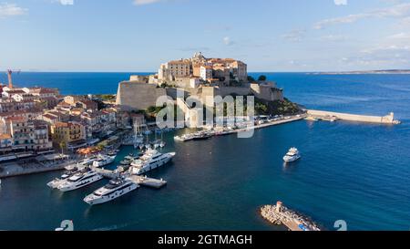 Aerial view of the Citadel of Calvi in Upper Corsica - French maritime stronghold in the Mediterranean Sea with defensive walls Stock Photo