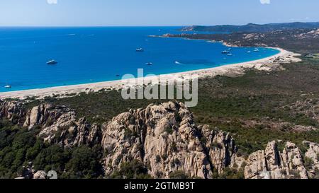 Aerial view of the beach of Erbajo with granite formations in the south of Corsica, France Stock Photo