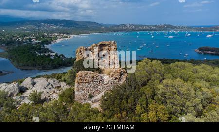 Aerial view of the beach of Saint Cyprien in the South of Corsica, France - Round bay with turquoise waters of the Mediterranean Sea Stock Photo