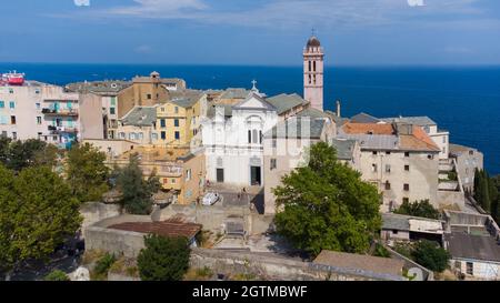 Aerial view of the Citadel of Bastia in the north of Corsica island - Genoese city overlooking the Mediterranean Sea Stock Photo