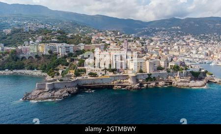 Aerial view of the Citadel of Bastia in the north of Corsica island - Genoese city overlooking the Mediterranean Sea Stock Photo