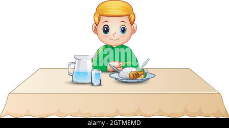 Cute little boy cartoon eating on dining table Stock Vector