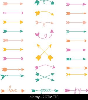 Hand Drawn Arrows. Tribal, Curly, Crossed, Darts, Boho, Symbol. Colored Silhouette. Stock Vector
