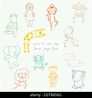 Cute jungle and safari animals. Hand drawn exercising characters. Zoo cartoon. Yoga positions. Colored Outline. Stock Vector