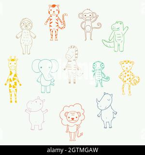 Cute jungle and safari animals. Hand drawn cartoon zoo characters. Elephant, lion, sloth, monkey, zebra, giraffe. Colored Outline. Stock Vector