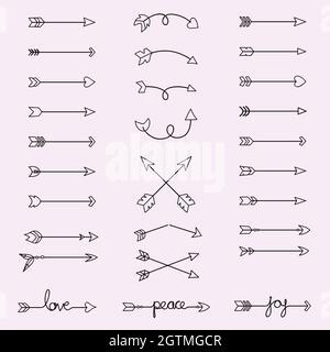 Hand Drawn Arrows. Tribal, Curly, Crossed, Darts, Boho, Symbol. Black Outline. Stock Vector