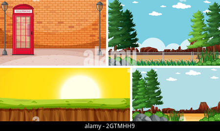 Four different scenes in nature setting cartoon style Stock Vector