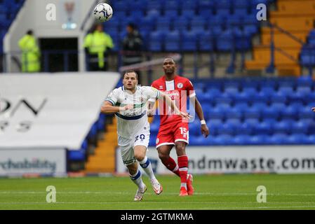 Birkenhead, UK. 02nd Oct, 2021. Elliott Nevitt of Tranmere Rovers (l) and Ludwig Francillette of Crawley Town in action. EFL Skybet Football league two match, Tranmere Rovers v Crawley Town at Prenton Park, Birkenhead, Wirral on Saturday 2nd October 2021. this image may only be used for Editorial purposes. Editorial use only, license required for commercial use. No use in betting, games or a single club/league/player publications.pic by Chris Stading/Andrew Orchard sports photography/Alamy Live News Credit: Andrew Orchard sports photography/Alamy Live News Stock Photo