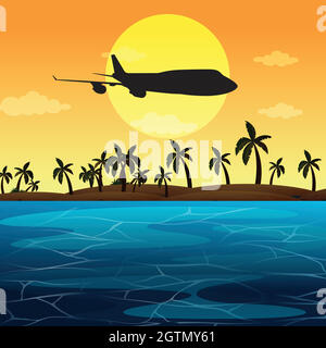 Silhouette scene with airplane flying over ocean Stock Vector