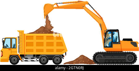 Backhoe and truck on white background Stock Vector