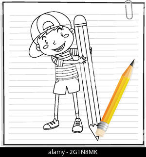 Hand writing of boy holding pencil outline Stock Vector