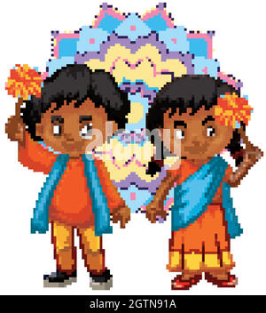 Indian boy and girl with mandala pattern in background Stock Vector