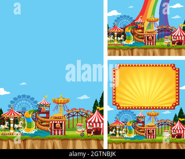 Three scenes of circus with many rides Stock Vector