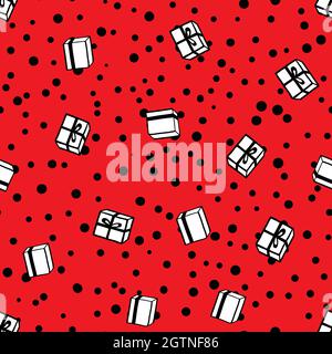 Holiday seamless pattern with present on red background. Vector illustration for Birthday, Merry Christmas, New year. Template design for invitation Stock Vector