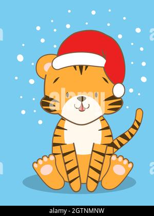 Cute Christmas card with a cartoon tiger Stock Vector
