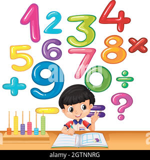 Boy counting numbers on the desk Stock Vector