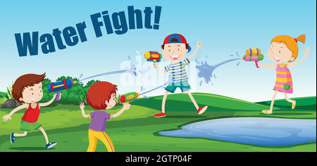 Children having a water fight Stock Vector