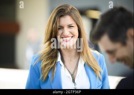 French minister Marlene Schiappa smiles during the summer 'University' called 'Campus 2021' organised by presidential party LREM (La Republique en Marche) in Avignon, southern France, on October 2, 2021. Photo by Eliot Blondet/ABACAPRESS.COM Stock Photo