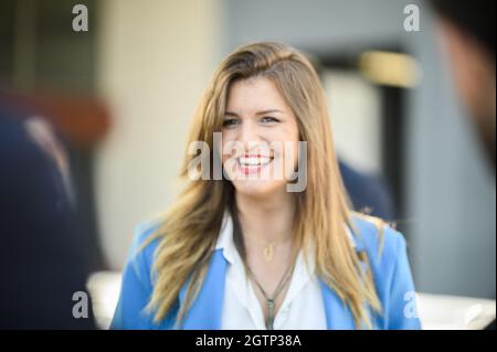 French minister Marlene Schiappa smiles during the summer 'University' called 'Campus 2021' organised by presidential party LREM (La Republique en Marche) in Avignon, southern France, on October 2, 2021. Photo by Eliot Blondet/ABACAPRESS.COM Stock Photo