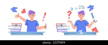 Schoolboy thinking and asking question, then solving task, flat cartoon vector illustration isolated on white. Child finds it difficult to solve the p Stock Vector