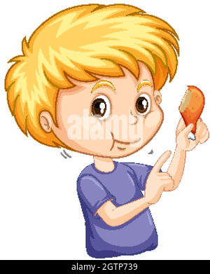 Cute boy eating fried chicken on white background Stock Vector