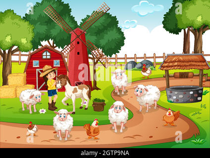 Old MacDonald in a farm nursery rhymes scene Stock Vector