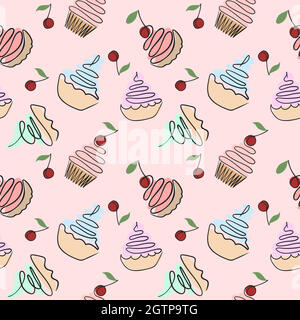Seamless pattern with cakes. Vector. Assorted custard cakes on a pink backing, solid repeating pattern. Background with sweet pastries. Stock Vector