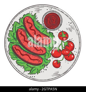 Grilled sausages on a plate with salad and cherry tomatoes. Stock Vector