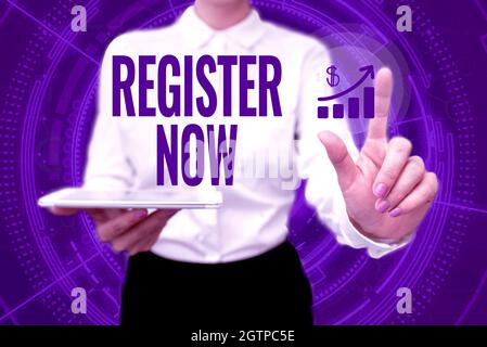 Text caption presenting Register Now. Conceptual photo official list or record showing or things into web or forum Lady In Uniform Holding Phone Stock Photo