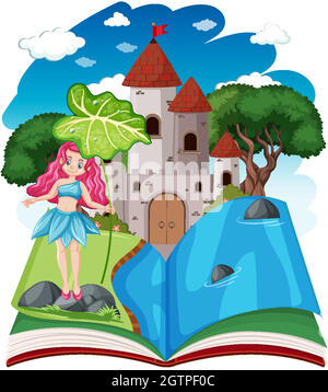 Fairy tales and castle tower on pop up book cartoon style on white background Stock Vector