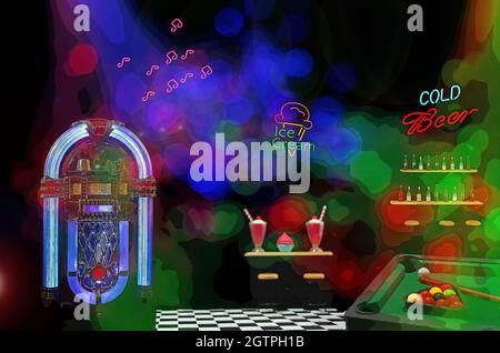 Pool Table With Disco Ball and Neon Signs Composite Image Stock Photo