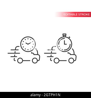 Delivery van or truck with clock line vector icon Stock Vector