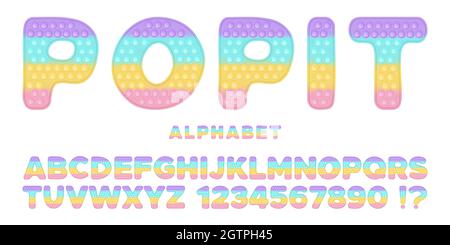 Popit font design - alphabet and numbers set in style of trendy silicon fidget toys. Pop it toy for fidget in pastel colors. Bubble sensory letters as Stock Vector