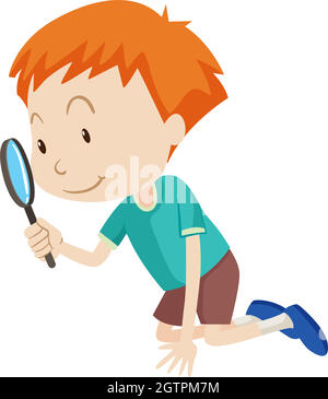 Little boy looking through magnifying glass Stock Vector