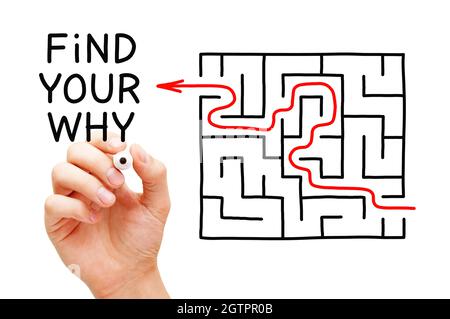 Hand writing Find Your Why next to a drawn maze. Concept about the importance of discovering the purpose of life. Stock Photo