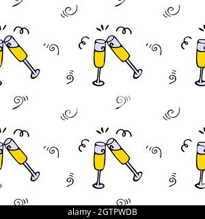 White festive pattern with clinking champagne glasses. Stock Vector