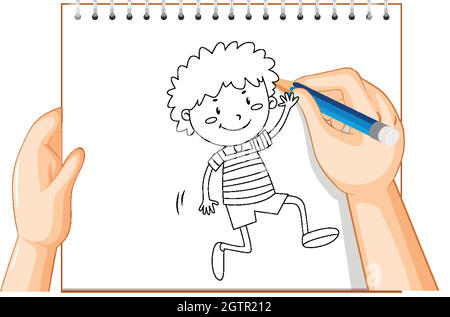 Hand writing of happy boy greeting someone outline Stock Vector