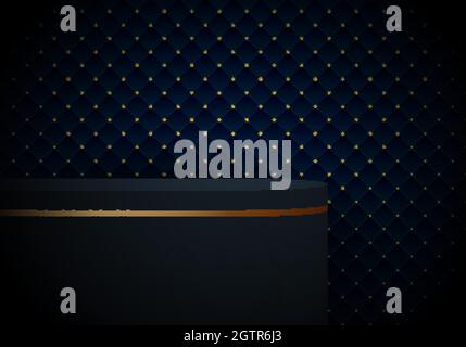 3D realistic white and gold pedestal cylinder product shelf on blue geometric squares pattern design with golden dots luxury background and texture. V Stock Vector