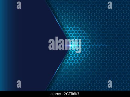 Abstract blue geometric hexagon with dot pattern and light ing effect technology concept background. Honeycomb metal texture steel backdrop. Vector il Stock Vector