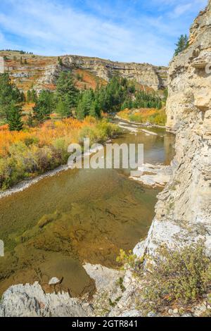 limestone canyon and fall colors along belt creek in sluice boxes state park near monarch, montana Stock Photo