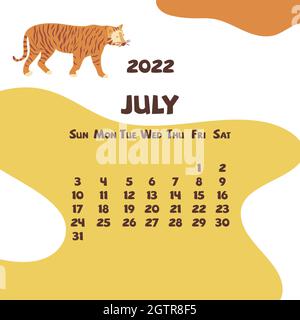 2022 july calendar with abstract shapes and tiger. Colorful modern calendar with trending colors, monthly planner. Vector hand drawn illustration. Mod Stock Vector