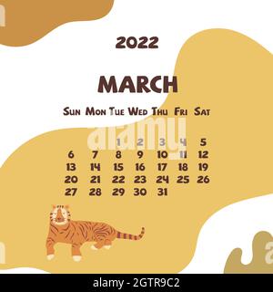 2022 march calendar with abstract shapes and tiger. Colorful modern calendar with trending colors, monthly planner. Vector hand drawn illustration Stock Vector