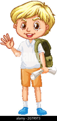 Boy with green backpack greeting on white background Stock Vector