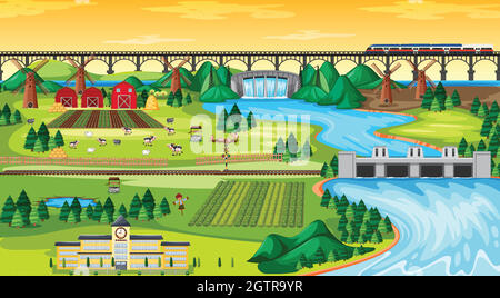 Farm field town and school and bridge sky train with dam side landscape scene cartoon style Stock Vector